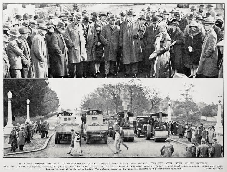 Improving traffic facilities in Canterbury's capital: severe test for a new bridge over the Avon River at Christchurch, 1929