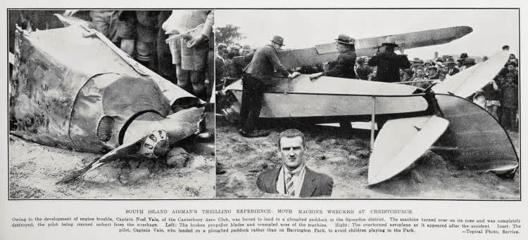 South island airman's thrilling experience: Moth machine wrecked at Christchurch, 1929