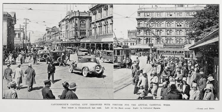 Canterbury's capital city thronged with visitors for the annual carnival week, 1929