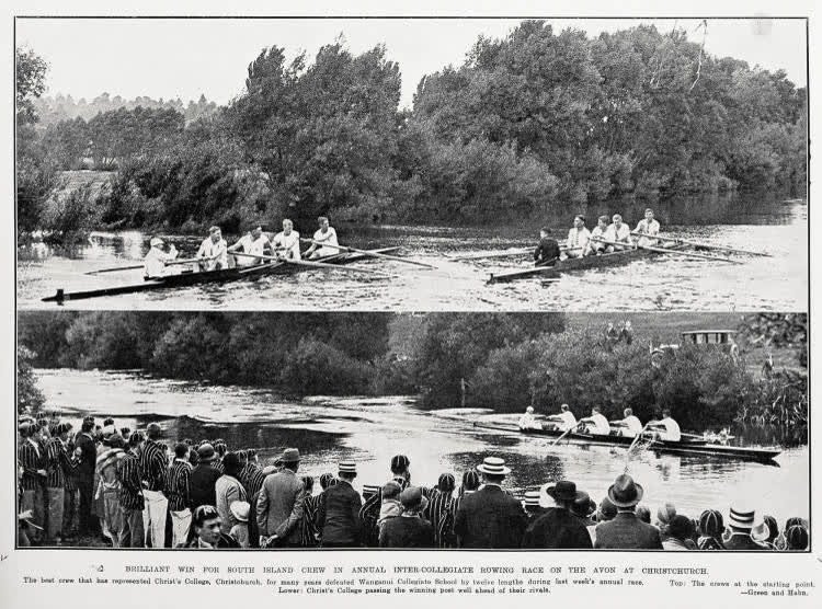 Brilliant win for South Island crew in annual inter-collegiate rowing race on the Avon at Christchurch, 1929