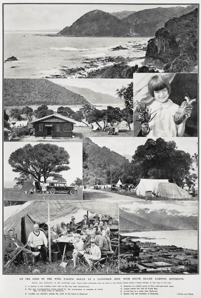 On the edge of the wide Pacific Ocean at a favoured spot with South Island camping motorists, 1930