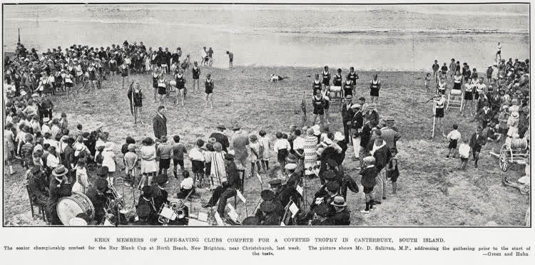 Keen members of life-saving clubs compete for a coveted trophy in Canterbury, South Island, 1930