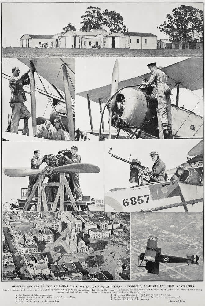 Officers and men of New Zealand's Air Force in training at Wigram Aerodrome, near Christchurch, Canterbury, 1930