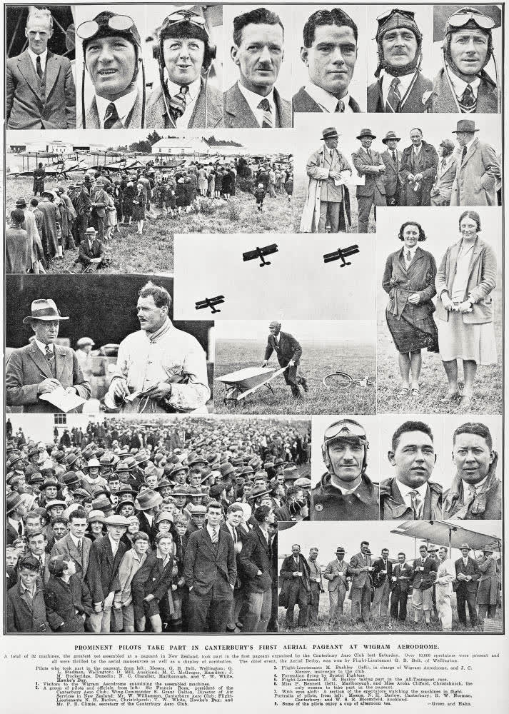 Prominent pilots take part in Canterbury's first aerial pageant at Wigram Aerodrome, 1930