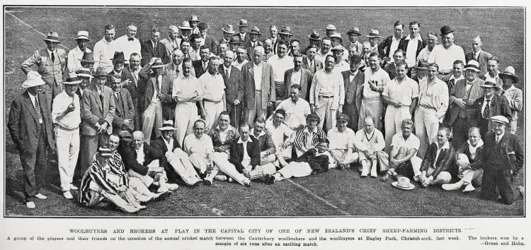 Wool buyers and brokers at play in the capital city of one of New Zealand's chief sheep-farming districts, 1930