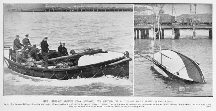 New lifeboat arrives from England for service on a popular South Island ocean beach, 1930