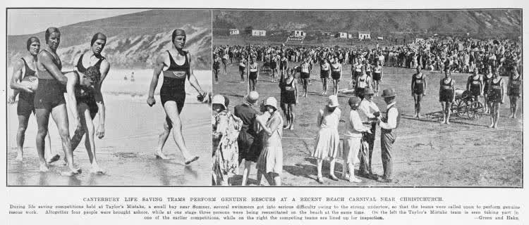 Canterbury life saving teams perform genuine rescues at a recent beach carnival near Christchurch, 1930