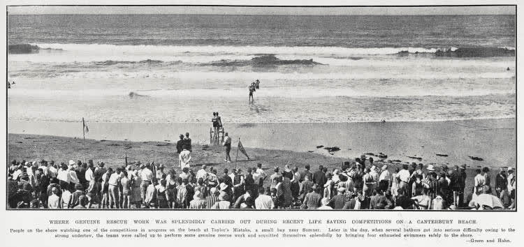Where genuine rescue work was splendidly carried out during recent life saving competitions on a Canterbury beach, 1930