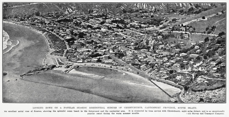 Looking down on a popular seaside residential suburb of Christchurch, Canterbury Province, South Island, 1930