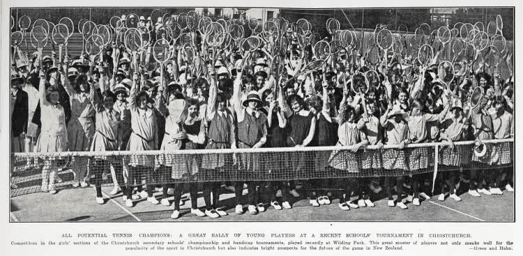 All potential tennis champions: a great rally of young players at a recent schools' tournament in Christchurch, 1930