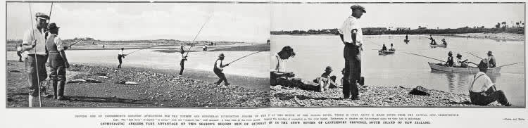 Interesting phases of the fishing at the mouth of the Rakaia River, which is only about 36 miles south from the capital city, Christchurch, 1930