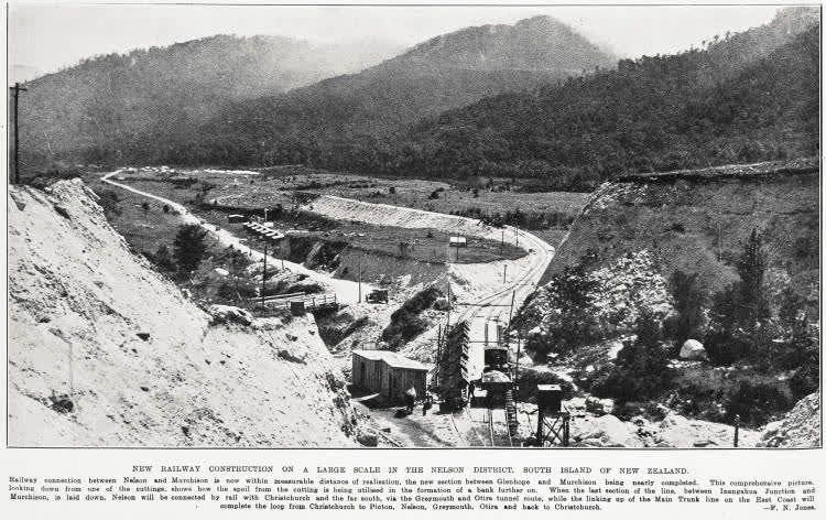 New railway construction on a large scale in the Nelson District, South Island of New Zealand, 1930