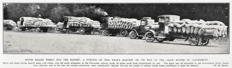 South Island wheat for the market: a portion of this year's harvest on its way to the grain stores in Canterbury, 1930