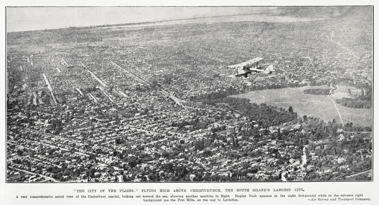 The city of the plains: flying high above Christchurch, the South Island's largest city, 1930
