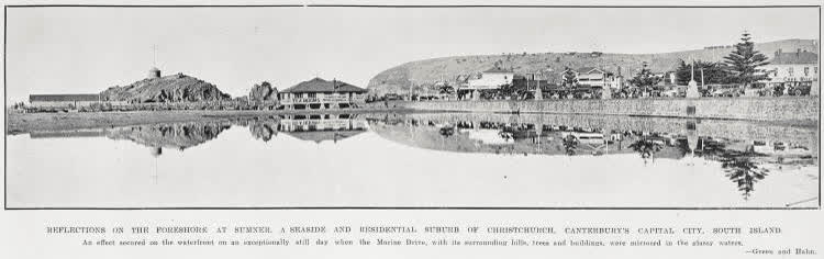 Reflections on the foreshore at Sumner, a seaside and residential suburb of Christchurch, Canterbury's capital city, South Island, 1930