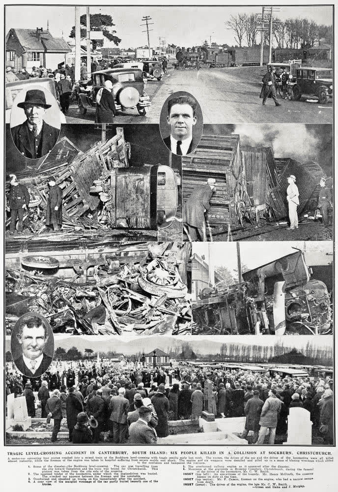 Tragic level-crossing accident in Canterbury, South Island: six people killed in a collision at Sockburn, Christchurch, 1930