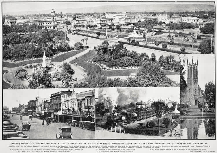 Another progressive New Zealand town raised to the status of a city: picturesque Palmerston North, one of the most important inland towns of the North Island, 1930