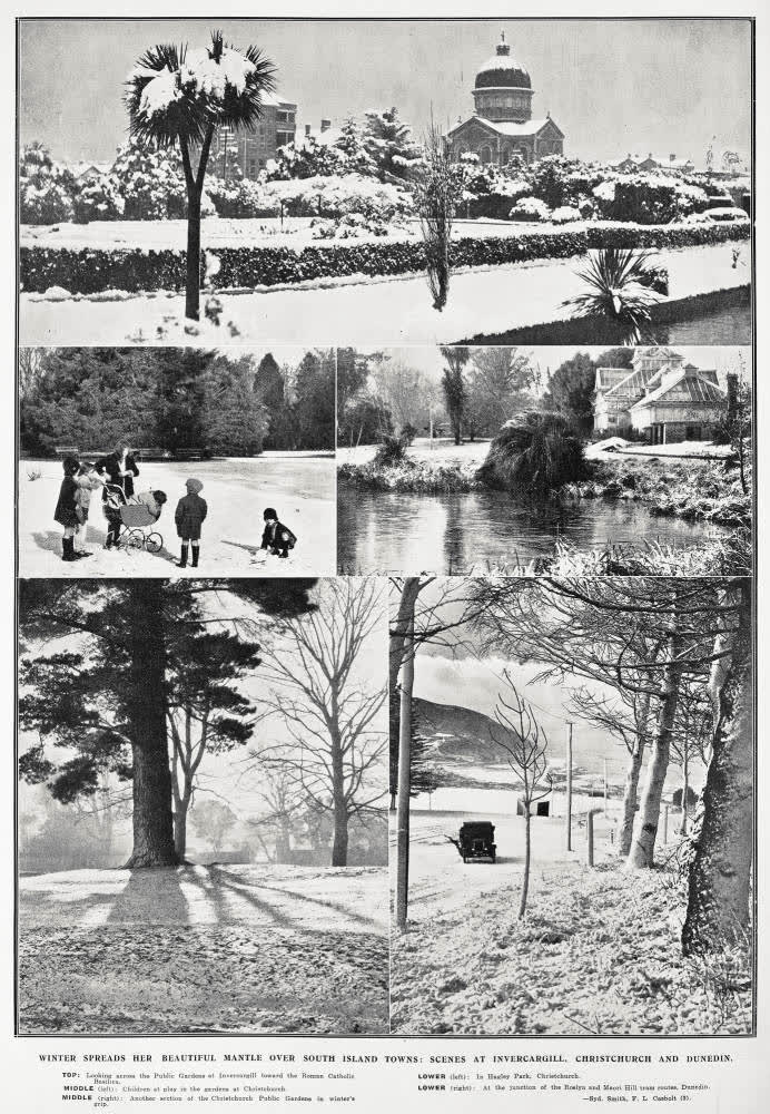 Winter spreads her beautiful mantle over South Island towns: scenes at Invercargill, Christchurch and Dunedin, 1930