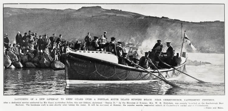 Launching of a new lifeboat to keep guard over a popular South Island surfing beach near Christchurch, Canterbury Province, 1930