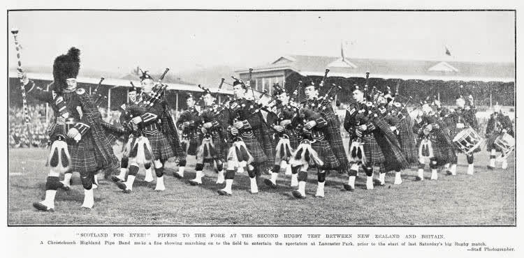 'Scotland for ever!' pipers to the fore at the second rugby test between New Zealand and Britain, 1930