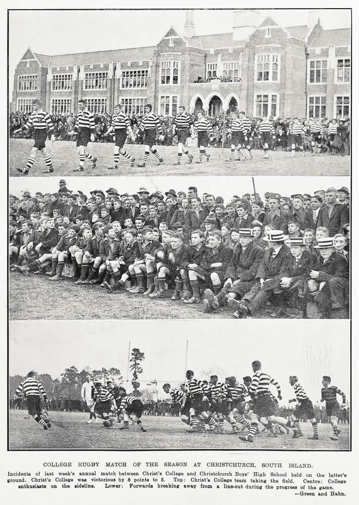 College rugby match of the season at Christchurch, South Island, 1930