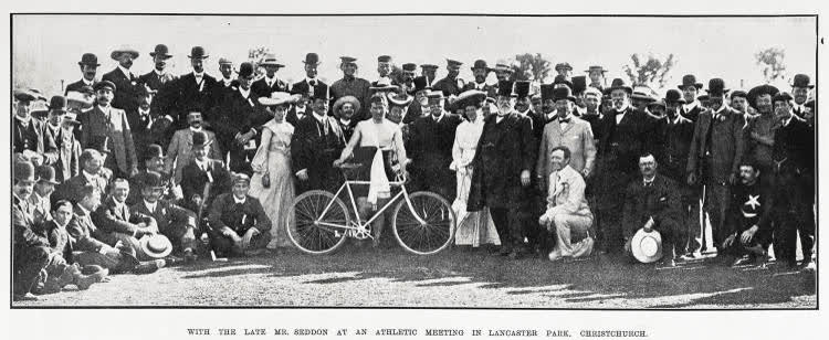 With the late Mr. Seddon at an athletic meeting in Lancaster Park, Christchurch, 1930