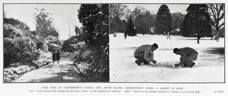 Cold snap in Canterbury's capital city, South Island: Christchurch under a carpet of snow, 1930