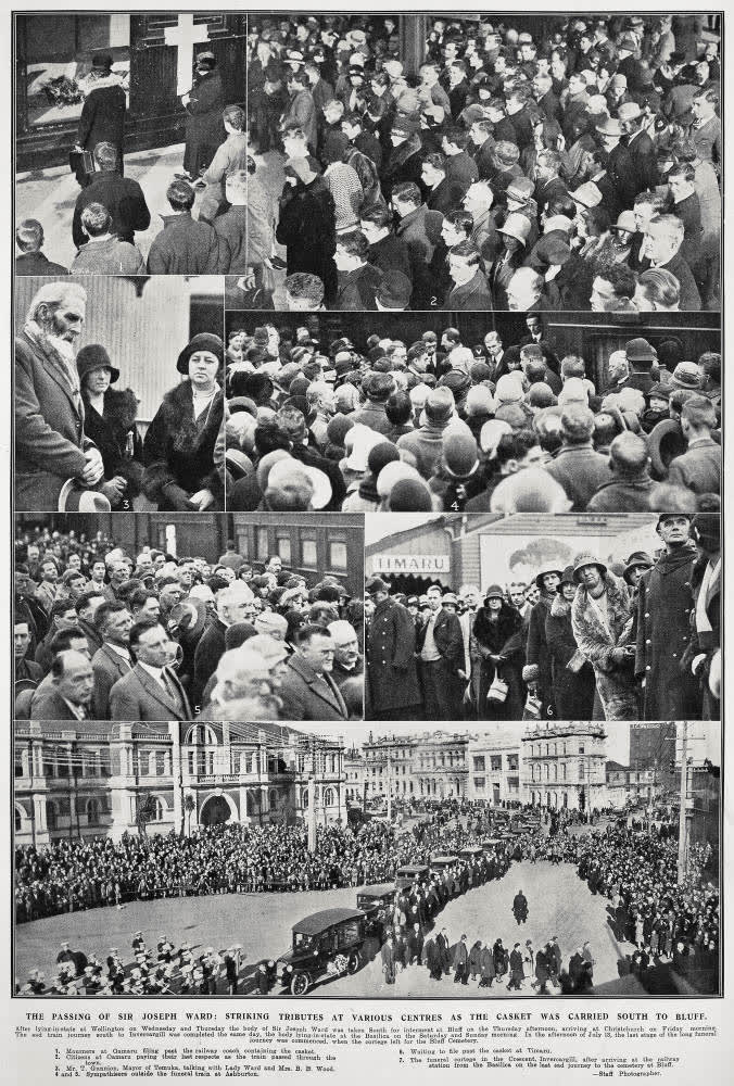 The passing of Sir Joseph Ward: striking tributes at various centres as the casket was carried south to Bluff, 1930