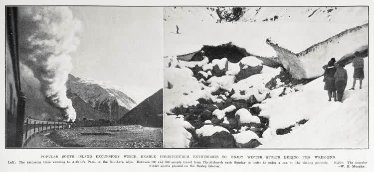 Popular South Island excursions which enable Christchurch enthusiasts to enjoy winter sports during the week-end, 1930