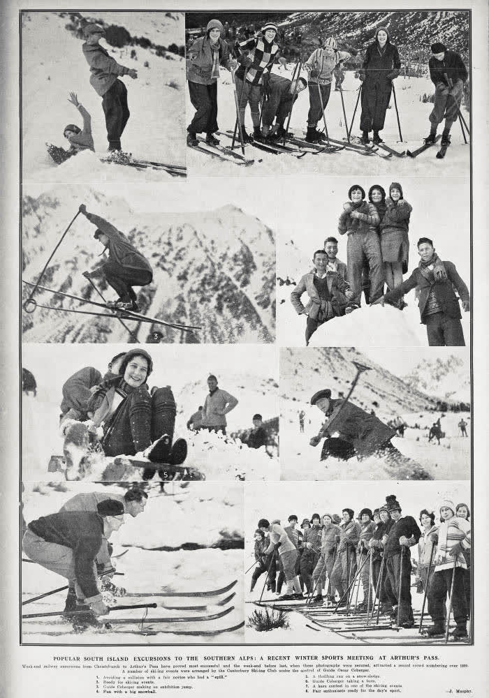 Popular South Island excursions to the Southern Alps: a recent winter sports meeting at Arthur's Pass, 1930