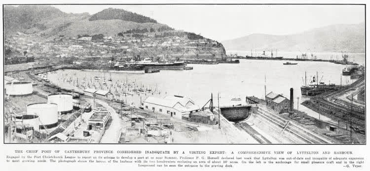 The chief port of Canterbury Province considered inadequate by a visiting expert: a comprehensive view of Lyttelton and harbour, 1930