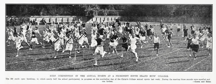 Keen completion in the annual sports at a prominent South Island boys' college, 1930