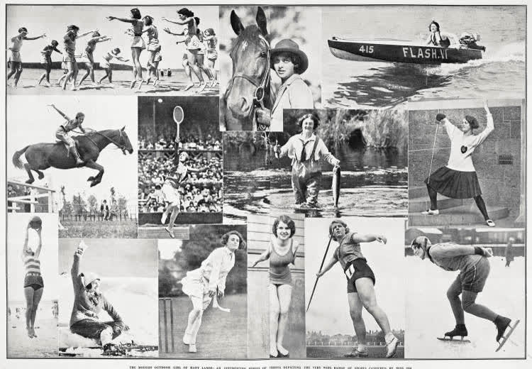 The modern outdoor girl of many lands: an interesting series of snapshots depicting the very wide range of sports favoured by Miss 1930, 1930