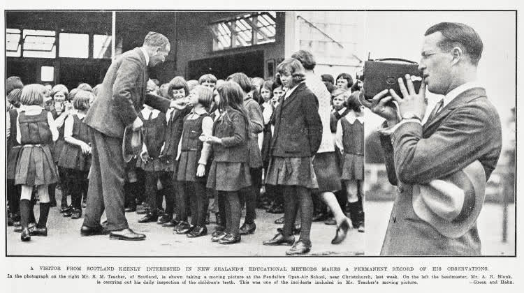 A visitor from Scotland keenly interested in New Zealand's educational methods makes a permanent record of his observations, 1930