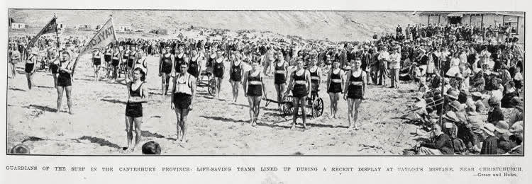 Guardians of the surf in the Canterbury Province-Life-saving teams lined up during a recent display at Taylor's Mistake, near Christchurch, 1931