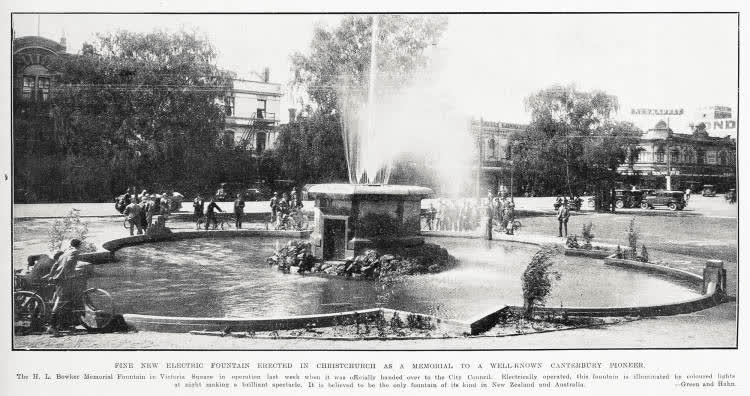 Fine new electric fountain erected in Christchurch as a memorial to a well-known Canterbury pioneer, 1931