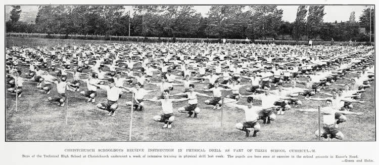 Christchurch schoolboys receive instruction in physical drill as past of their school curriculum, 1931
