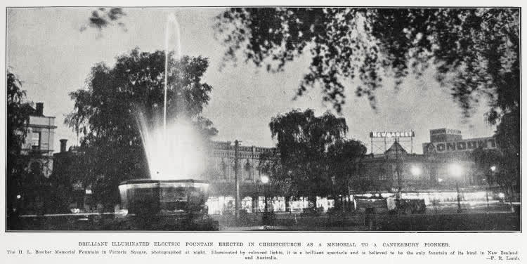 Brilliant illuminated electric fountain erected in Christchurch as a memorial to a Canterbury pioneer, 1931
