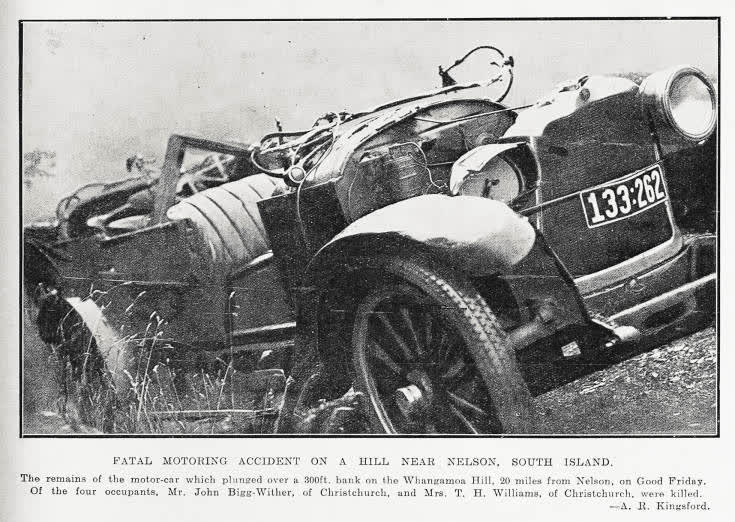 Fatal motoring accident on a hill near Nelson, South Island, 1931