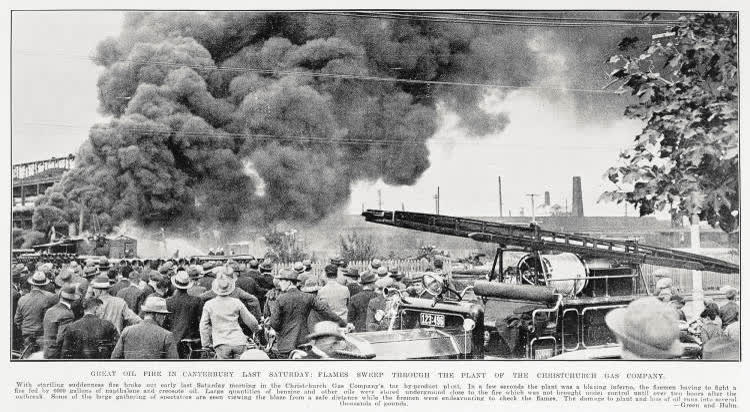 Great oil fire in Canterbury last Saturday: flames sweep through the plant of the Christchurch Gas Company, 1931