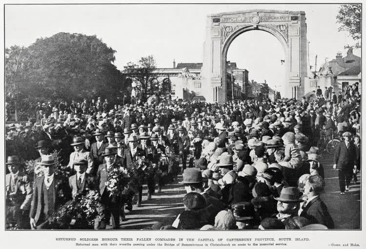 Returned soldiers honour their fallen comrades in the capital of Canterbury Province, South Island, 1931