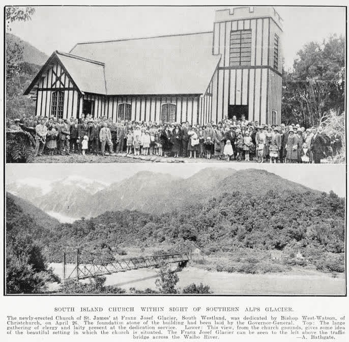 South Island church within sight of Southern Alps glacier, 1931