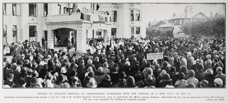 Church of England Hospital at Christchurch completed with the opening of a new wing on May 16, 1931