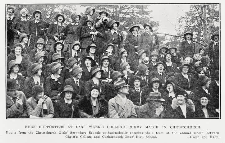 Keen supporters at last week's college rugby match in Christchurch, 1931