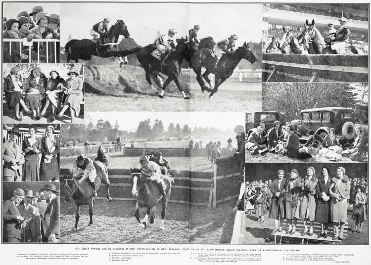 The great winter racing carnival in the South Island of New Zealand: snaps tracks and lawn during grand national week at Christchurch, Canterbury, 1931
