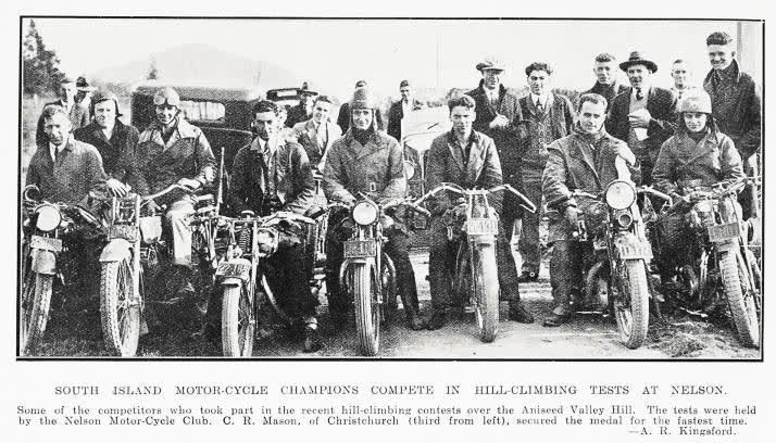 South Island motor-cycle champions compete in hill-climbing tests at Nelson, 1931