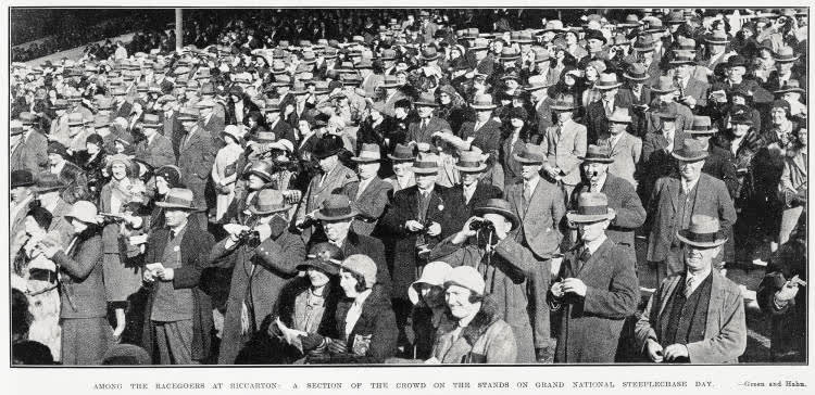 Among the racegoers at Riccarton: a section of the crowd on the stands on Grand National Steeplechase day, 1931