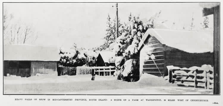 Heavy falls of snow in Mid-Canterbury Province, South Island: a scene on a farm at Waddington, 38 miles of Christchurch, 1931