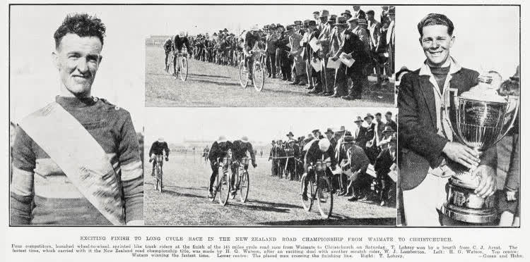 Exciting finish to long cycle race in the New Zealand road championship from Waimate to Christchurch, 1931