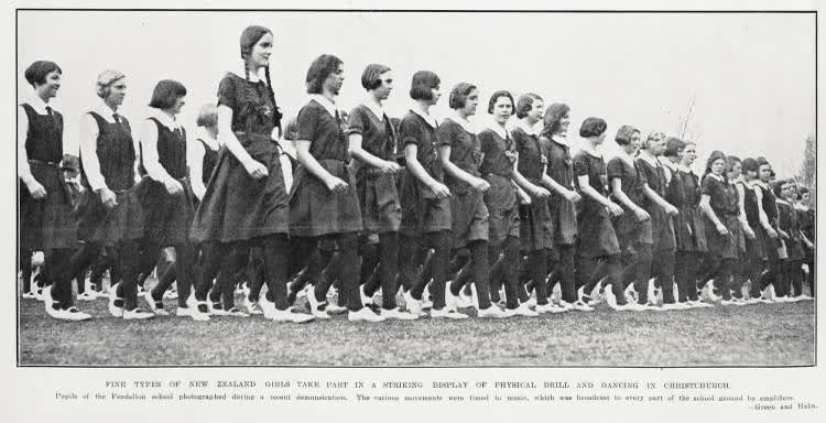 Fine types of New Zealand girls take part in a striking display of physical drill and dancing in Christchurch, 1931